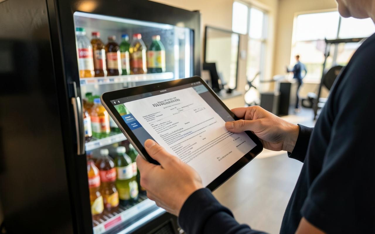 Operator showing a certificate of currency on a tablet beside a chilled drink vending machine
