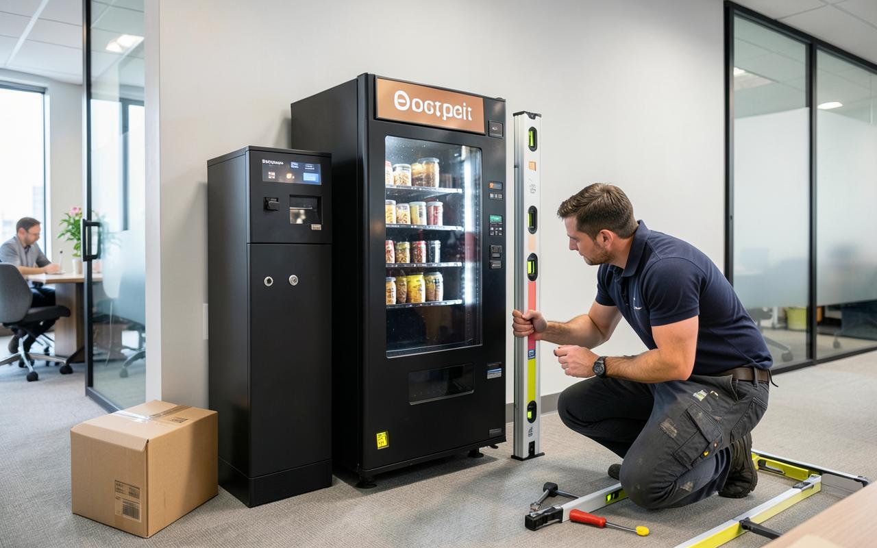 Installer levelling a new coffee and snack vending machine in a corporate breakout room
