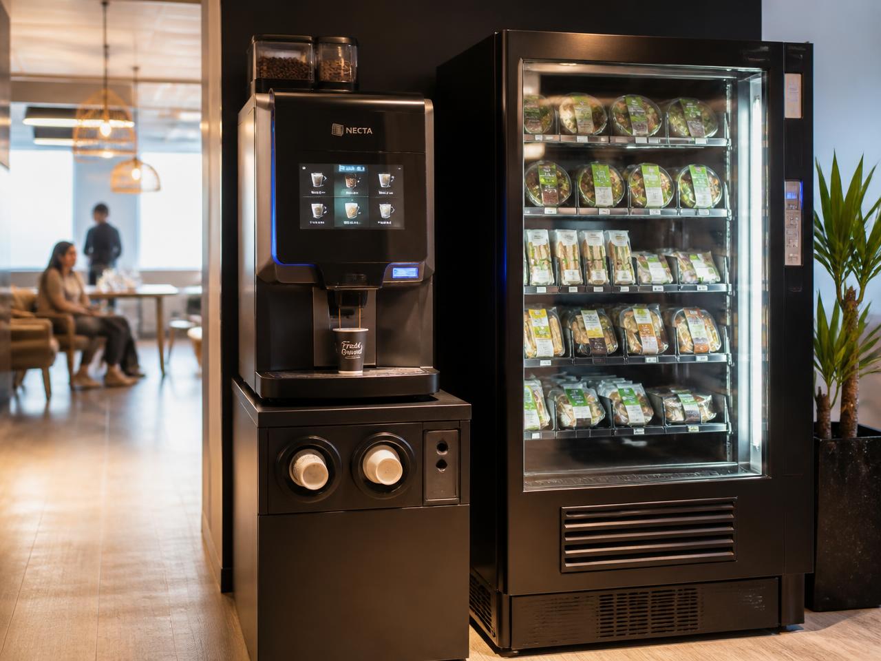 Bean-to-cup coffee vending machine beside a refrigerated fresh food vending machine