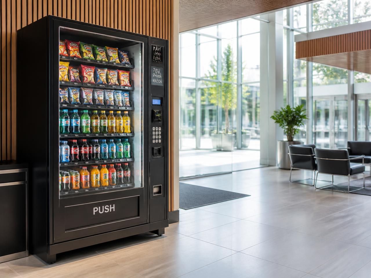 Combination snack and drink vending machine in an office building lobby