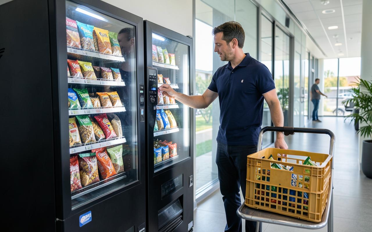 Vending machine operator restocking a glass-front snack machine in an office corridor