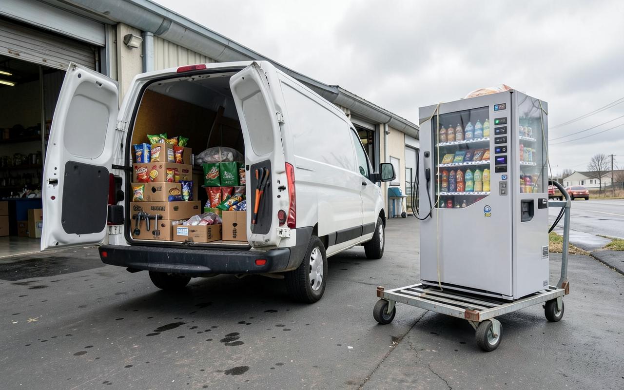 Service van loaded with vending stock and tools beside a drink machine strapped to a trolley