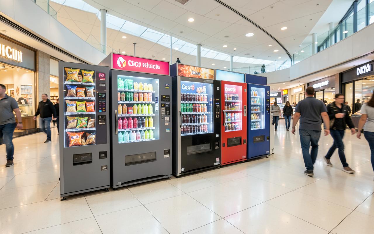 Several vending machines lined up in a shopping centre walkway