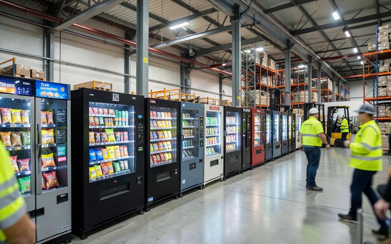 Row of vending machines in a warehouse break area used by shift workers